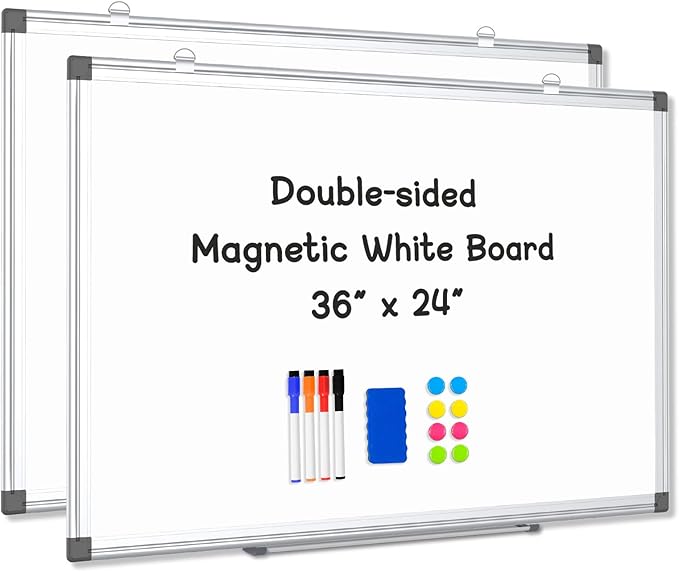 2 Pack Double-Sided Magnetic Whiteboard, 36" x 24" Dry Erase Board, Aluminum Frame White Board for Wall, Hanging Mounting White Board Dry Erase Marker Board for Office, School, Home