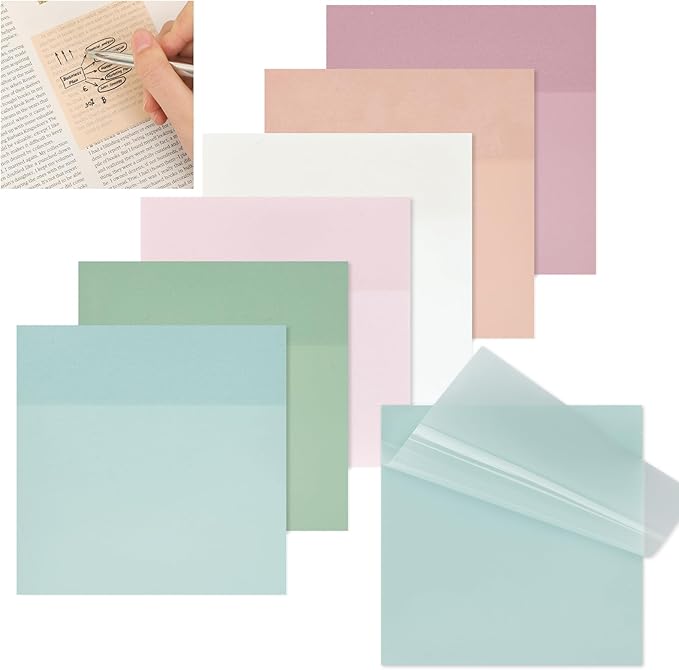 Transparent Sticky Notes, 6 Pads 3x3 Inch, 6 Colors Pastel Clear Self-Adhesive Waterproof Translucent Sticky Notes, 300 Sheets, for Bible Tabs, Book Tabs, School Supplies, Office