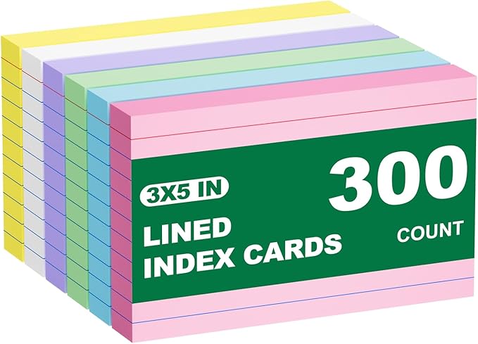300 Count Note Cards 3x5 Index Cards Lined Colorful Notecards Bulk Flashcards for Studying 3 x 5 Index Cards Ruled Notecards Multicolored Flash Cards for Notes Office School, 6 Pack of 50 Sheets