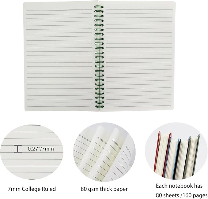 Spiral Notebook Set of 4, A5 College Ruled Lined Journal/Notebook,5.7'' x 8.3'',80 Sheets Per Notebook,Writing Journals for Work, Office & School Supplies. (Blue,Brown,Green,Wine red)