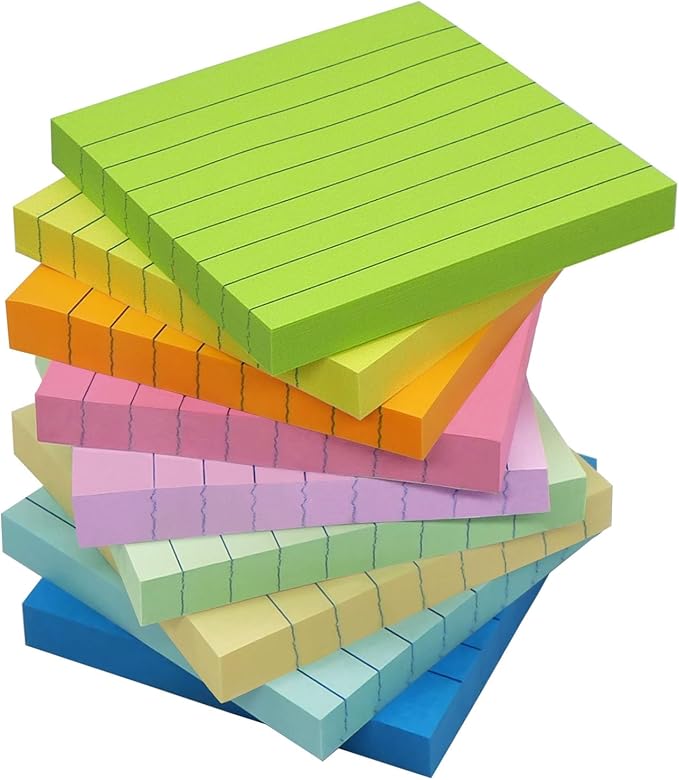HQCME 9 Pack Lined Sticky Notes 3x3 in Post Sticky Notes with Lines, 9 Multi Colors Ruled Colorful Super Sticking Power Memon Pads, 82 Sheets/Pad