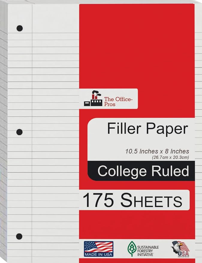 Filler Paper, College Ruled Filer Paper, Loose Leaf Paper, 3 Holed Punches Paper, Red Line Margin, Ring Binder Paper - 8" x 10.5" - College Ruled - 175 Sheets