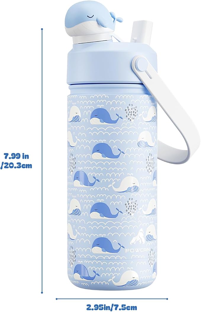 POWCAN 18 oz Kids Water Bottle for School: 2-in-1 Straw Spout Lid with Soft Animal Head, Leakproof, Backpack Friendly, Keep Cold 24H, Insulated cup for Sports, Playground, Holiday Gift (Whale Splash)