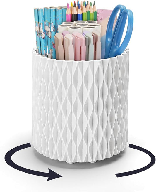 minimaliving Desk Organizer,Stylish Rhombus Pen Holder for Desk 360°Rotating Office Desk Accessories,Pencil Cup with 5 Compartments Storage Box Caddy for Office,School,Home,Art Supply(White)