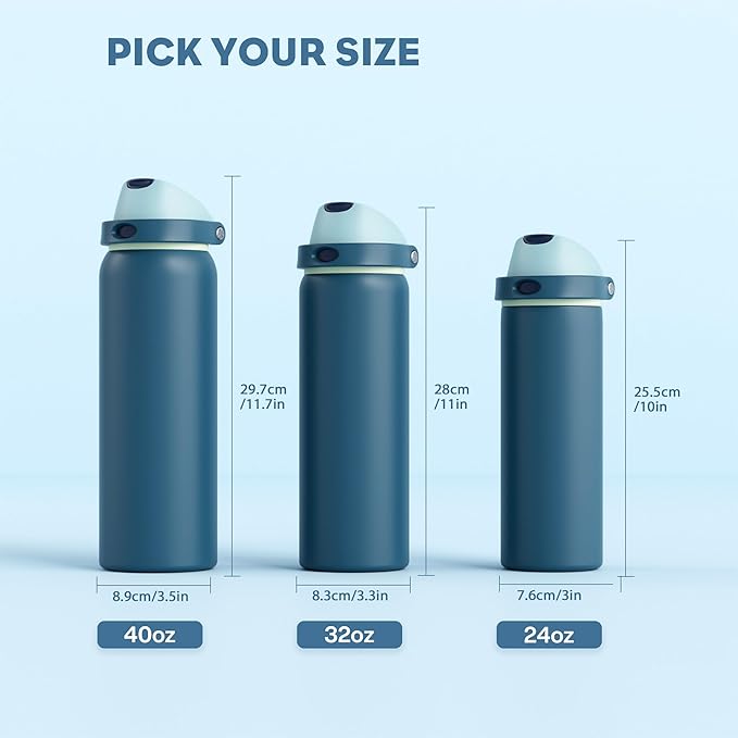 POWCAN 24 oz Insulated Stainless Water Bottle: 2-in-1 Push-Button Spout & Quick-Flip Straw, Leakproof, Cold 24 Hrs, Fits Car Cup Holder, Reusable Metal Bottle for Sports, School Gift (Denim Blue)