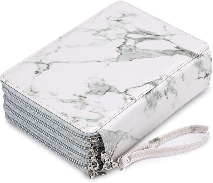 BTSKY 200 Slots Colored Pencil Organizer - Deluxe PU Leather Pencil Case Holder With Removal Handle Strap Pencil Box Large for Colored Pencils Watercolor Pencils White Marble