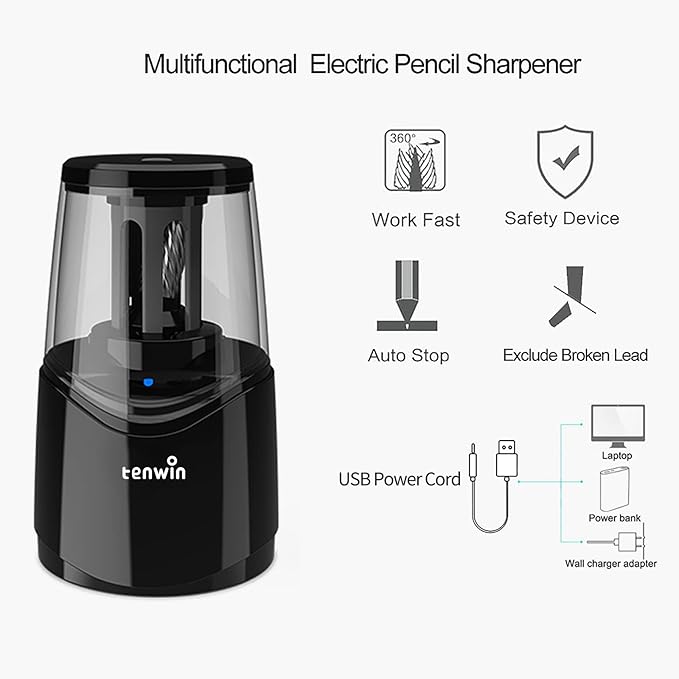 tenwin Rechargeable Electric Pencil Sharpener with Durable Helical Blade to Fast Sharpen, Heavy Duty Pencil Sharpener for No.2 & Colored 6-8mm Pencils for School Office Home (Black)