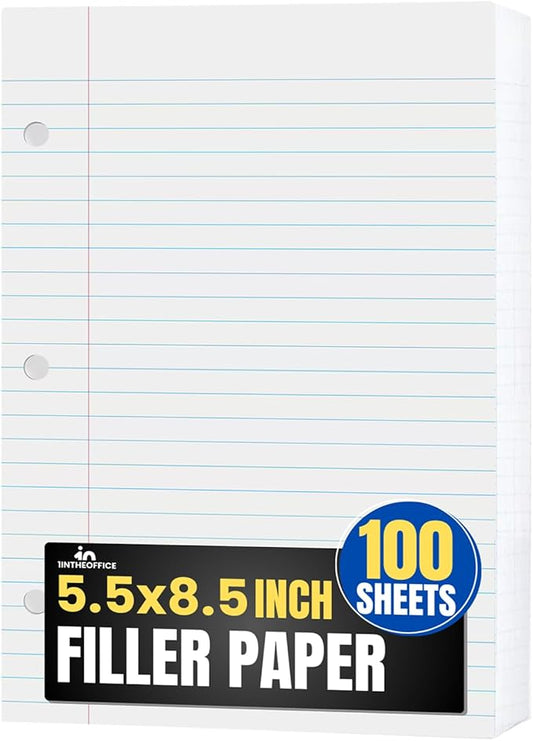 1InTheOffice College Ruled Filler Paper 5.5 x 8.5 Mini Binder Filler Paper, White, 100 Sheets/Pack