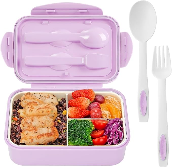 LOVINA Bento Box for Adults - 1100 ML Lunch Box Container For Kids Teens | Built-in Spoon & Fork - Durable for On-the-Go Meal, BPA-Free and Food-Safe Materials(Light Purple)