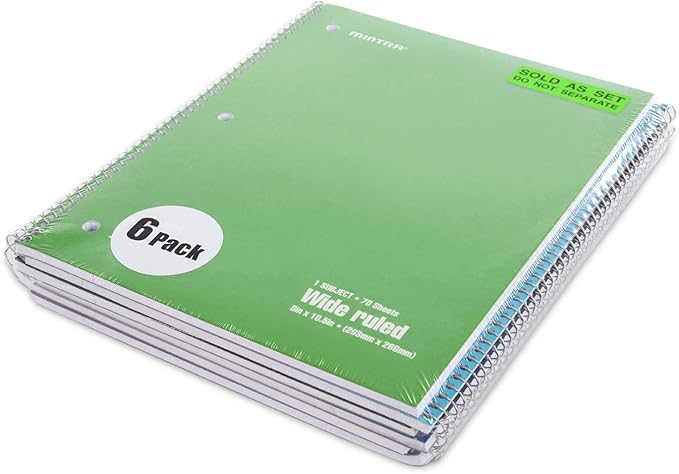 Mintra Office Spiral Notebooks Set - Primary Colors, Wide Ruled, Journals for School, Work, Business, Aesthetic Stationery, Writing Pads, Teacher & Student Supplies, 70 Sheets Each, 6-Pack