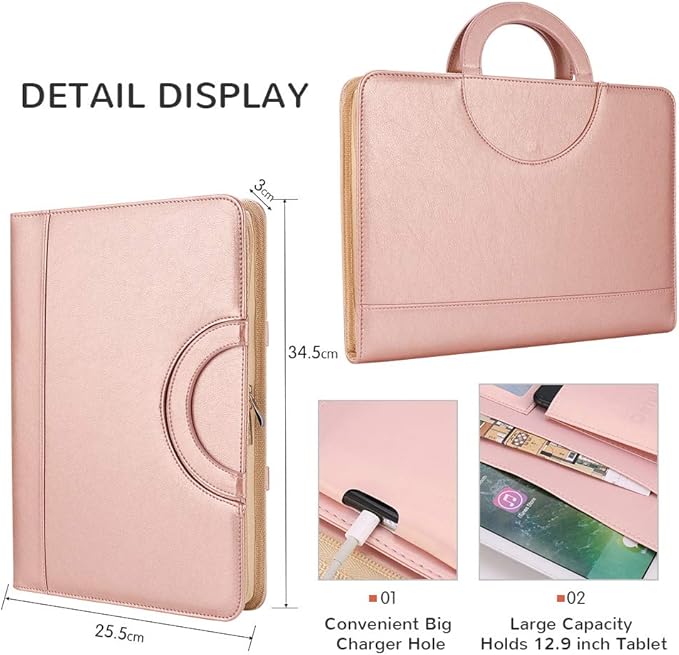 Darolin Vegan Leather Padfolio Portfolio with Handle & Clipboard, Zippered Business Portfolio Organizer for Meetings, Interviews & Travel, Fits A4 & Letter Size, Padfolio for Men Women (Rosegold)