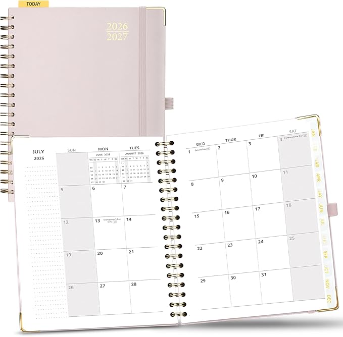 POPRUN Monthly Planner 2026-2027 Spiral Hardcover (8'' x 10''), 18 Months Calendar (Jan.2026-Jun.2027) - 2 Pages per Month with Dotted Note Pages, Sunday Start, Laminated Tab - Light Pink