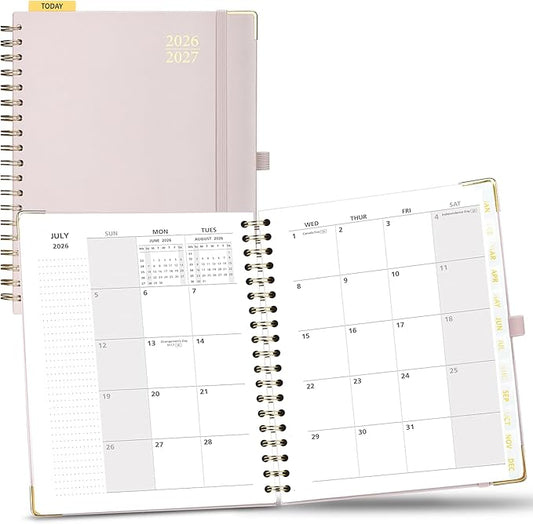 POPRUN Monthly Planner 2026-2027 Spiral Hardcover (8'' x 10''), 18 Months Calendar (Jan.2026-Jun.2027) - 2 Pages per Month with Dotted Note Pages, Sunday Start, Laminated Tab - Light Pink