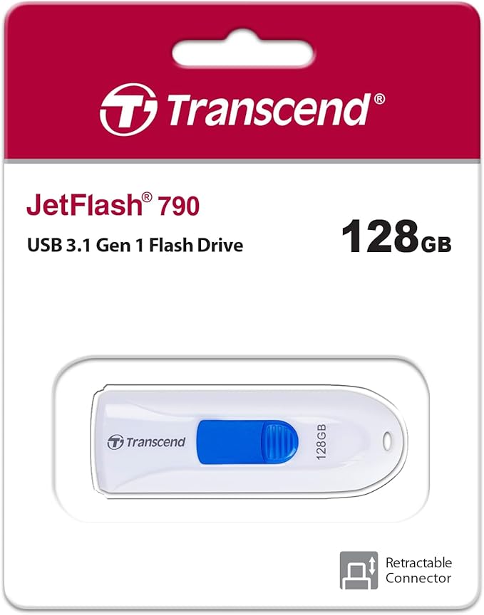 Transcend JF790 128GB USB Flash Drive, for PC/Mac/Laptop/Windows/Computer/ Desktop/TV/Car Audio, USB3.2 Gen1 Memory Stick, Thumb Drives Data Storage w/ Retractable Connector, USB2.0/3.0/3.1 Compatible