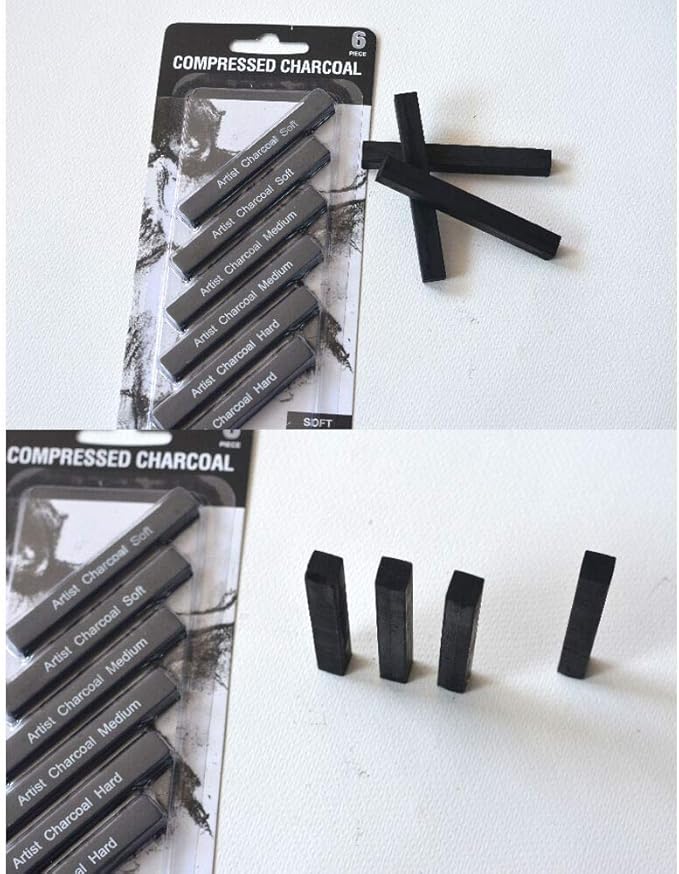 Artist Compressed Charcoal Sticks for Sketching, Drawing, Shading, Soft, Medium, Hard, Art Supplies Sketch Kits Tools, 6-Piece Boxed