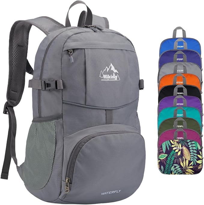 WATERFLY Hiking Packable Daypack Backpack: 25L Ultra Lightweight Day Pack for Women Men - Small Compact Folding Back Pack for Outdoor Sport Cycling Camping Travel Trip - Gray