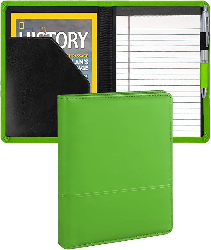 Classic Padfolio/Junior Portfolio Folder Case, Business A5 Binder Organizer Notepad for Men Women, 5 x 8 Writing Pad Included, Green
