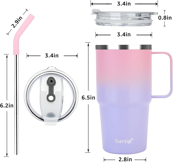 Sursip Insulated Coffee Mug with Handle and Lid, 24 oz Double Wall Vacuum Travel Thermal Coffee Tumbler with Straw for Home, Office Stainless Steel Coffee Cup - Leak proof (Pink＆Purple)