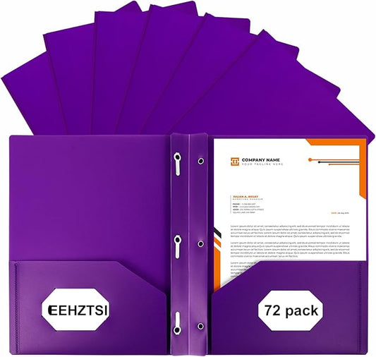 72-Pack Plastic Folders with Pockets and Prongs,2-Pocket Folders with 3 Fasteners, Holds 8-1/2" x 11" Paper for School/Office/Home, Purple