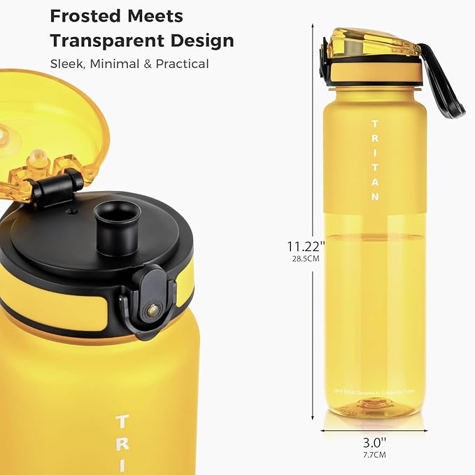 32oz Water Bottle with Chug Lid, Frosted & Clear Tritan BPA-Free, Leakproof, Wide Mouth, Portable Sports Water Bottle for Gym, Office, Travel, Outdoor (Yellow)