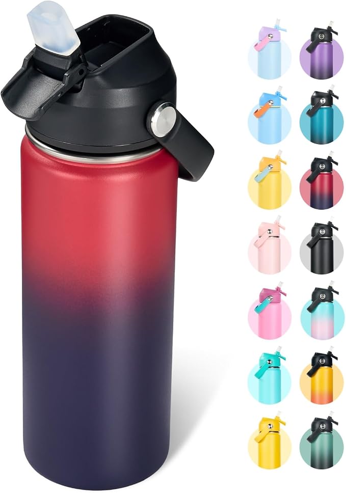 Fijinhom 18oz Insulated Stainless Steel Water Bottle, Wide Mouth Double Wall Vacuum, Silicone Straw, Sweat & Leak Proof, BPA Free Insulated Water Flask for Travel, Keep Cold 24h Hot 12h, Red