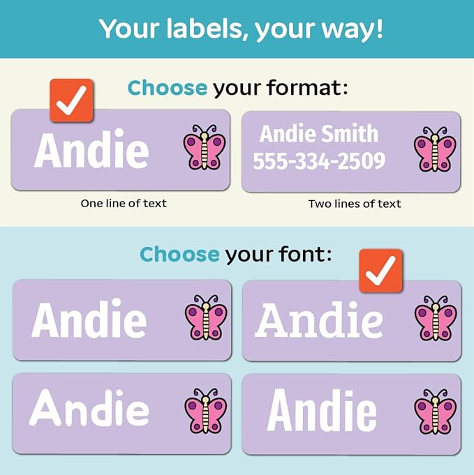 Kids Personalized Name Labels for School, Camp, Daycare (128 Labels) Custom Peel and Stick Waterproof Name Tags Stickers for Water Bottles, Lunch Boxes, Clothing, School Supplies (Little Wings)