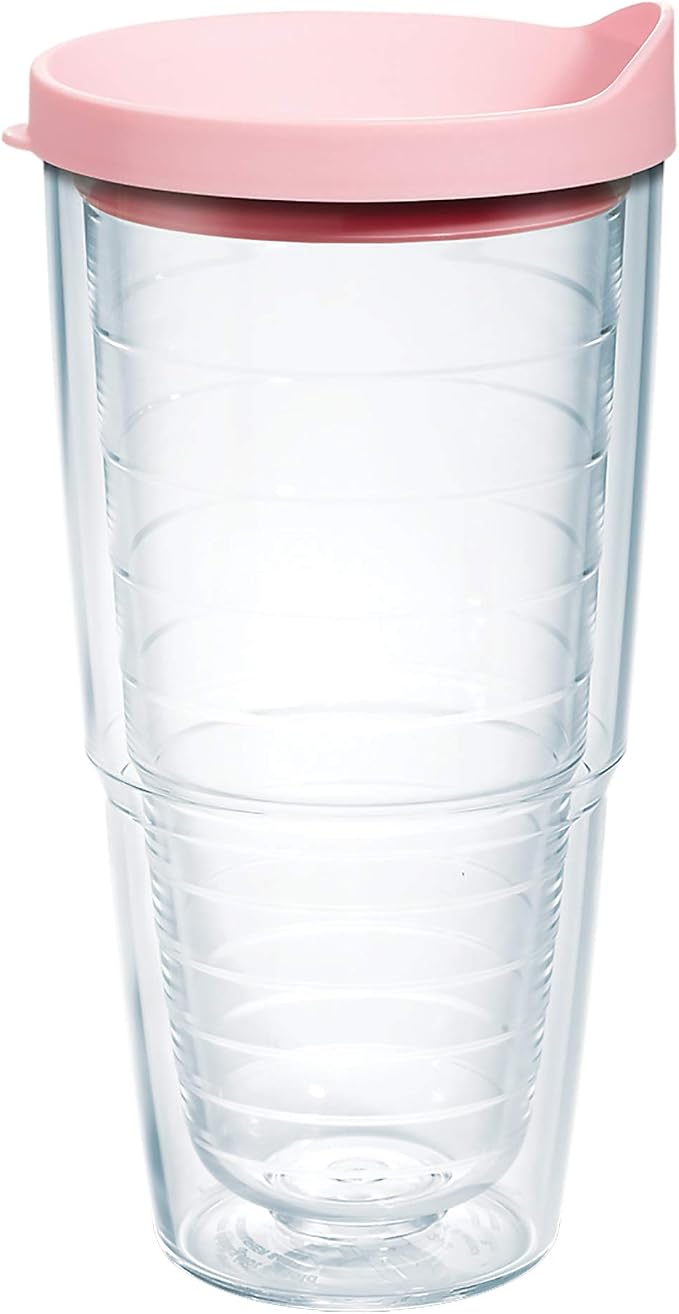 Tervis Clear & Colorful Lidded Made in USA Double Walled Insulated Tumbler Travel Cup Keeps Drinks Cold & Hot, 24oz, Pink Lid