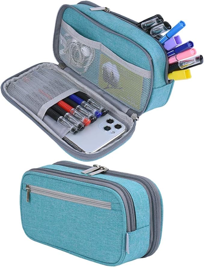 Chelory Big Capacity Pencil Case Large Pencil Bag Pouch 3 Comparments Pen Pencil Marker Cases Holder Makeup Bag Office Desk Supplies Stationery Organizer Women Men, Light Blue