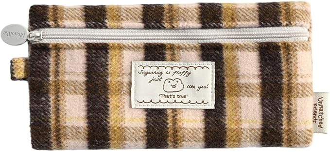 Monolike Unmatched Friends Old Check Pencil Case, Brown - Pencil Pouch, Portable Pencil Bag, Pencil Case, Office Pouch case, Cushion, Soft, Vintage