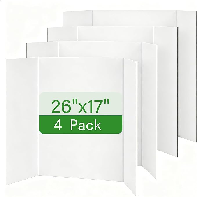 Trifold Poster Board, White Corrugated Presentation Board with Double Sided Tapes, Display Board for School Project, Science Fair (4=26x17)