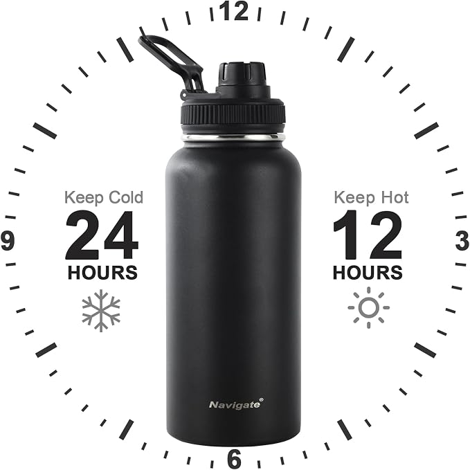 Navigate 32oz Insulated Water Bottle for Sports, Keep Cold 24H | 2-in-1 Spout and Handle Lids, Double Leak-Proof, 18/8 Stainless Steel, BPA-Free, Wide Mouth for Gym and Hiking,Black