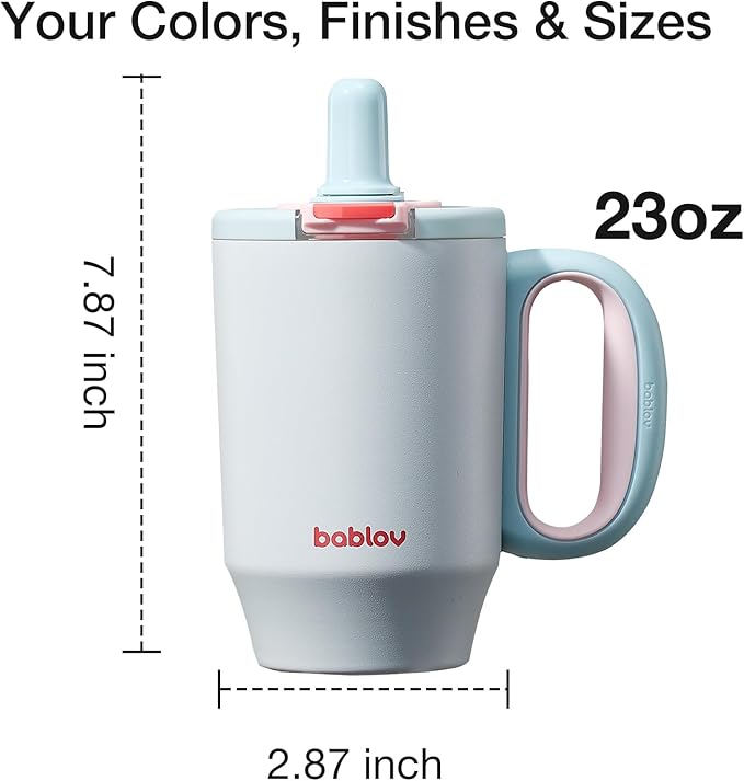BABLOV 23 oz Ceramic Lined Tumbler with Straw - 316L Stainless Steel Insulated Coffee Tumbler with Lids Handle for Tea,Cold Hot Beverages at Home Office or on the Go Travel Coffee Mugs,Sea Blue