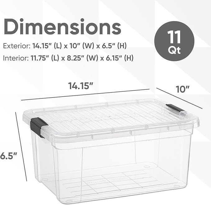 Superio Small Clear Storage Boxes with Lids, 11 Quart Plastic Container Bins for Organizing, Stackable Crates, BPA Free, Non Toxic, Odor Free, Organizers for Home, Office and Dorm, 3 Pack