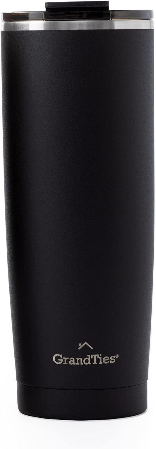 GRANDTIES Insulated Coffee Tumbler Cup w/Tritan Lid | Leak Proof, Reusable, Double Walled Vacuum Stainless Steel Water Bottle Travel Mug | Thermal Cups for Hot and Cold Drinks | 20oz | Midnight Black