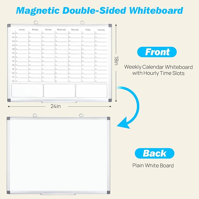ONAVIA Weekly Calendar Dry Erase Board for Wall, Hanging 24"×18" Double-Sided Magnetic Whiteboard, Hanging White Board for Planning, Drawing, Memo, to Do List, School, Home, Kitchen, Office