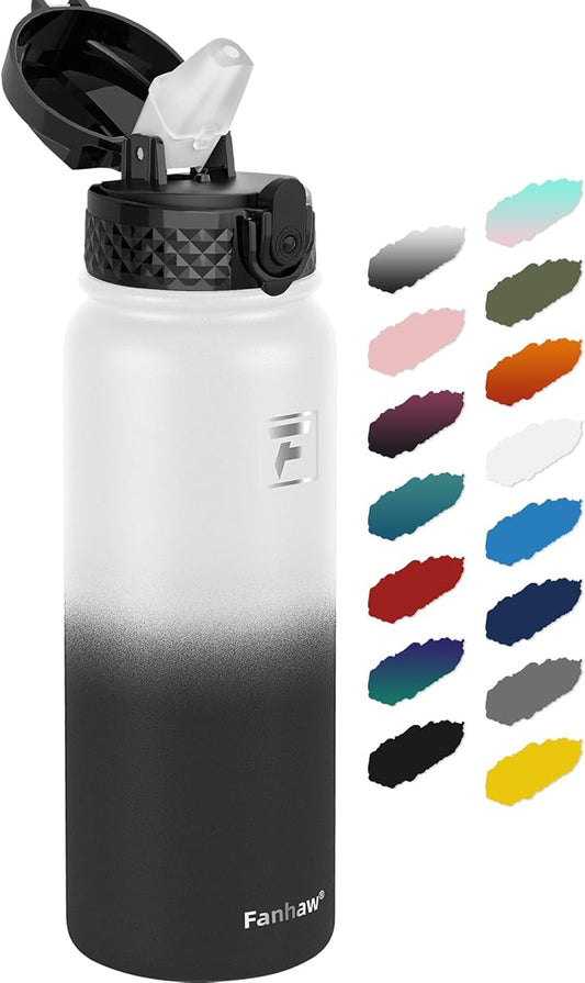 Fanhaw 20 Oz Kids Insulated Stainless Steel Water Bottle with Straw Lid, Leakproof & Anti-Dust Everyday Use Bottle for School, Women & Men, Back to School Essentials (White Black)