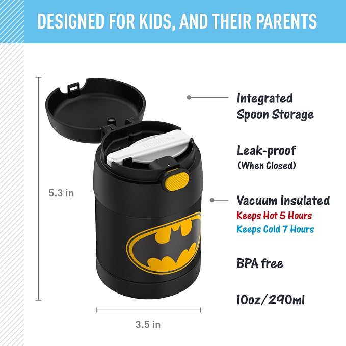 THERMOS FUNTAINER Insulated Food Jar, 10 Ounce, Kid Friendly Food Jar with Foldable Spoon, Batman (Pack of 6)