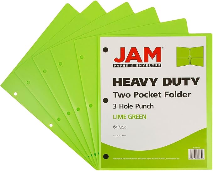 JAM PAPER Heavy Duty Plastic 3 Hole Punch Pocket Folders - Extra Tough School Folders - Lime Green - 6/Pack