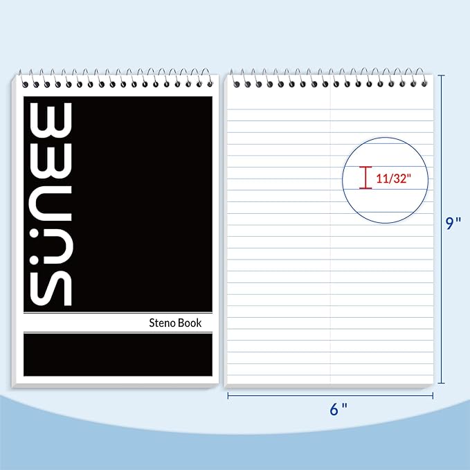 SUNEE 10 Pack Steno Pads 6x9, Gregg Rule, 60 Sheets, Spiral Notebook 6x9, White Paper, Take Notes with Top Spiral Notebook, for School, University, College, Work, Office, Black