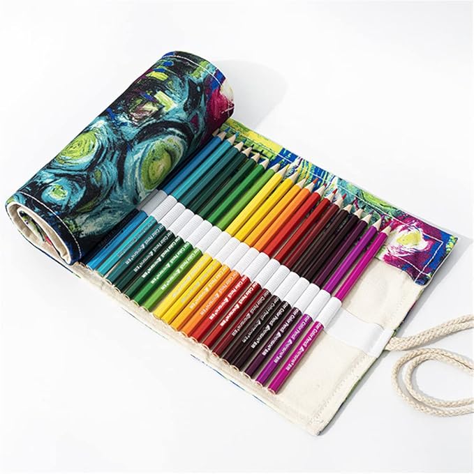 DIYOMR 24/36/72 Slots Pencil Wrap Pencil Rolls, Artist Colored Pencils Roll Up Bag Short Brushes Pouch Case Pencils Organizer for Drawing Coloring and Sketching (Ink Painting, 72slots)