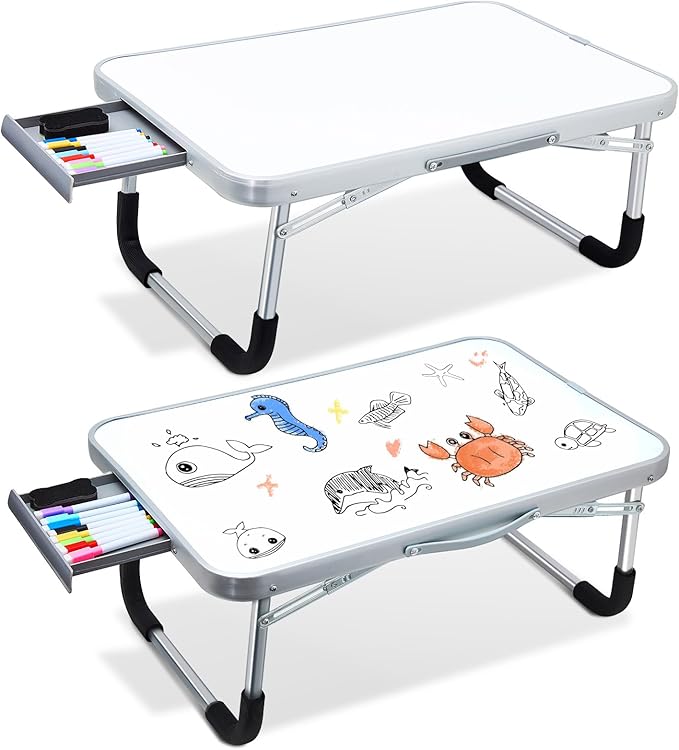 Suzile 2 Pcs Portable Lap Desk with Dry Erase Board, 24" x 16" Foldable Study Tray with Drawer, Markers & Eraser, Whiteboard for Art, Homework, First Day & Back to School Supplies