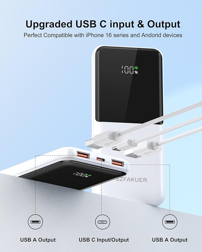Portable Charger,Slim 10000mAh Power Bank,22.5W USB-C Fast Charging Battery Pack Compatible with iPhone 17/16/15/14/13/12 Pro Samsung Galaxy, iPad, AirPods, Android Tablets (White)