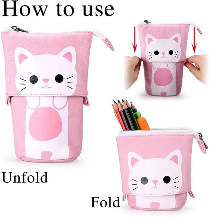 Telescopic Pencil Pouch Standing Pen Holder Cute Pencil Bags Stand Up Pen Case Cartoon Pencil/Pens Storage Box Canvas+PU Stationery Organizer Makeup Bag with Zipper Closure (Pink)