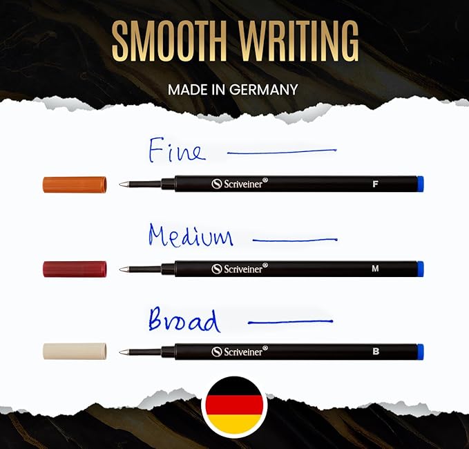Scriveiner Rollerball Refill Blue Medium - 4 Rollerball Refills Designed for Scriveiner Pens - Safety Ceramic Non Dry Roller Pen Refill M - Schmidt 888 Size – Made in Germany