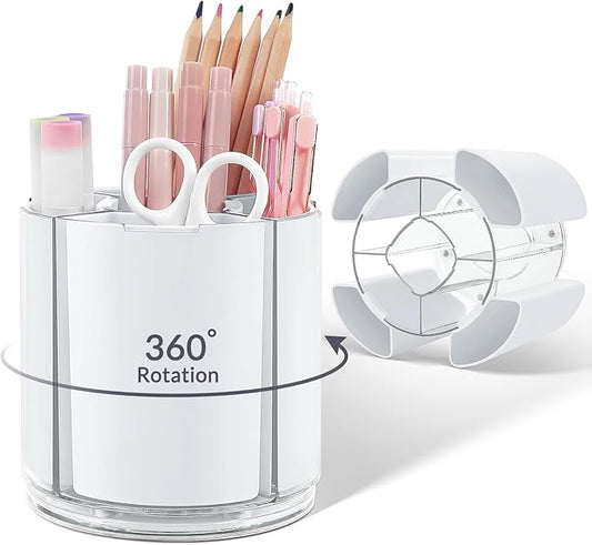 KONVINIT White Pen Holder for Desk, 5 Slots 360° Rotating Pen Organizer, Cute Desk Organizers and Accessories for School, Home, Office and Art Supply