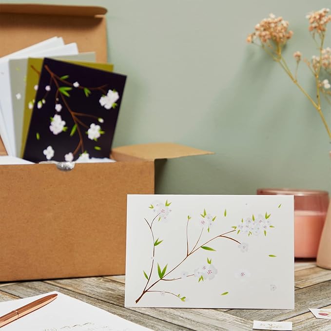 Best Paper Greetings Japanese Stationery Cherry Blossom Note Cards & Envelopes - 120 Pack, 4 x 6 in, 6 Floral Designs - Blank Cards & Envelopes for Thank You, Wedding & Business