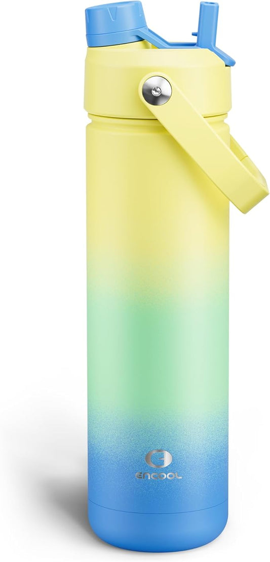 ENCOOL Insulated Water Bottle with Straw Stainless Steel Water Bottle, Leak-Proof, BPA-Free, Double Wall Vacuum Keeps Cold for 24 Hours for Sports, Travel, School (26 oz, Soft Lagoon)
