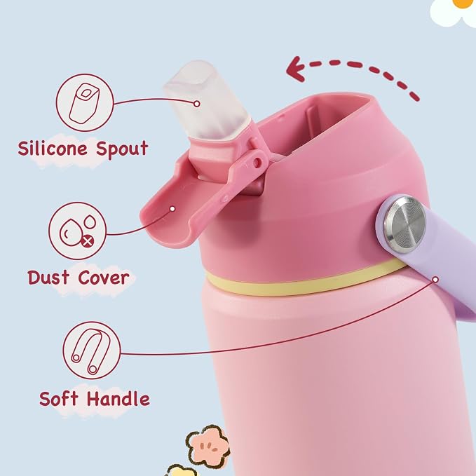 Kerilyn 12oz Kids Water Bottle 2 Pack, Stainless Steel Insulated Water Bottle Bulk, Toddler Cups with Straws Leak-Proof, Kids Water Bottles for School Boys Girls, Cerulean + Charm Pink 2 Piece Set