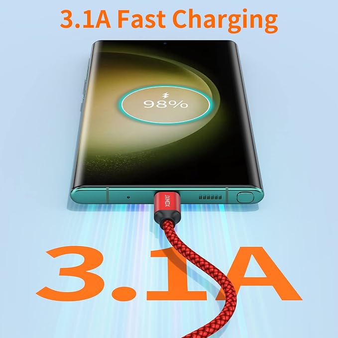 JXMOX USB Type C Cable (6.6ft 2-Pack), USB-A to USB C 3A Fast Charging Cord Compatible with iPhone 15 16 Pro Max, Samsung Galaxy S22 S21 S20 Ultra S10 S9 S8, Note 10 9 8 A80 A70, USB C Charger (Red)