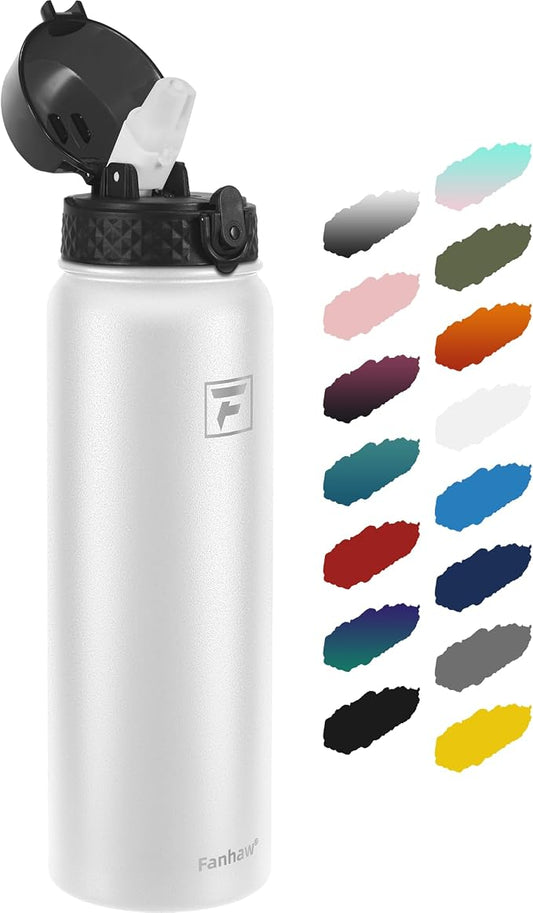 Fanhaw 40 Oz Insulated Stainless Steel Water Bottle with Straw Lid, Leakproof Extra-Large Sports Bottle for Men & Women (White)